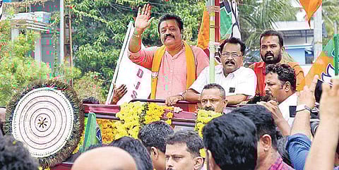 NDA candidate for Thrissur LS segment Suresh Gopi after submitting his nomination papers  | Express