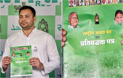 Rashtriya Janata Dal leader Tejashwi Yadav releases his party's election manifesto for the forthcoming Lok Sabha polls at a press conference in Patna Monday April 8 2019. (Photo | PTI)