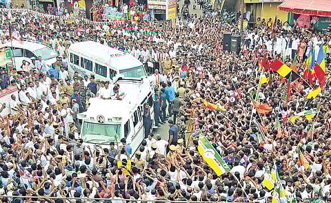 Chief Minister Edappadi K Palaniswami campaigning for Erode candidate  G Manimaran at Sathyamangalam on Monday | Express