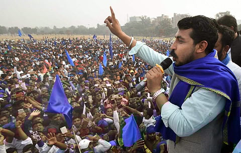 Bhim Army  chief Chandrashekhar Azad addressing his supporters (File Photo | PTI)