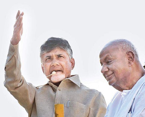 AP CM N Chandrababu Naidu  and former Prime Minister HD Deve Gowda during a poll campaign at Tiruvuru in Krishna district on Monday| Express