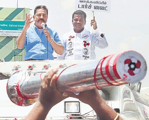 President of Makkal Needhi Maiam and actor-turned-politician Kamal Haasan during an election campaign (File Photo | KK Sundar/EPS)