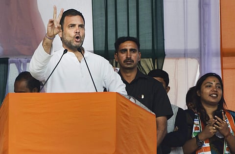 Rahul Gandhi addresses an election campaign rally in Assam (Photo | PTI)