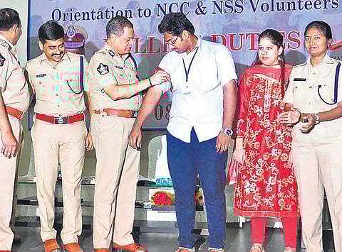 Commissioner of Police Ch Dwaraka Tirumala Rao at an orientation programme for NSS volunteers and NCC cadets in Vijayawada on Monday | Express