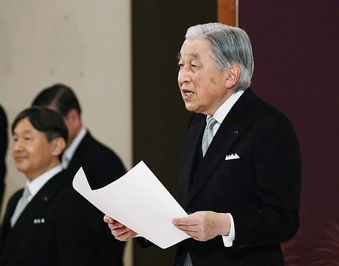 Japan's Emperor Akihito speaks during the ceremony of his abdication in front of other members of the royal families and top government officials at the Imperial Palace in Tokyo, Tuesday, April 30, 2019. The 85-year-old Akihito ends his three-decade reign