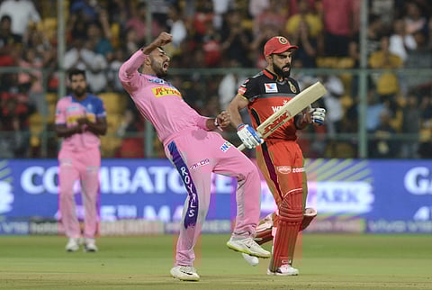 Rajasthan Royals bowler Shreyas Gopal celebrates the wicket of Royal Challengers Bangalore captain Virat Kohli. (Photo | AP)