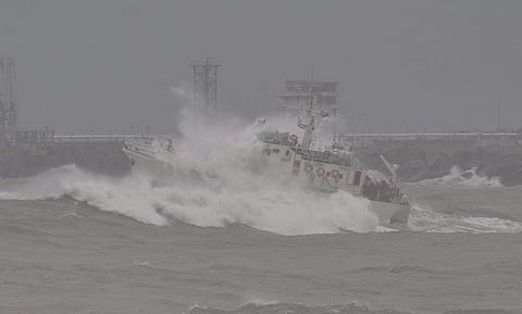 Naval ship surveying the situation of Cyclone Fani off Visakhapatnam coast on Wednesday. (Photo | G Satyanarayana, EPS)