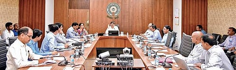 Chief Secretary LV Subramanyam at a meeting on Pradhan Mantri Krishi Sinchayee Yojana at the Secretariat on Thursday I Express