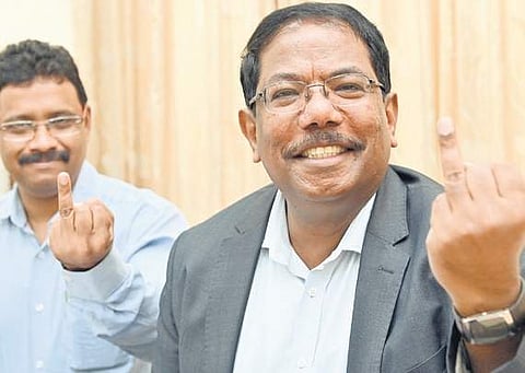 BBMP Commissioner Manjunath Prasad at a press conference on the bypolls to two BBMP wards in Bengaluru on Thursday| Nagaraja Gadekal
