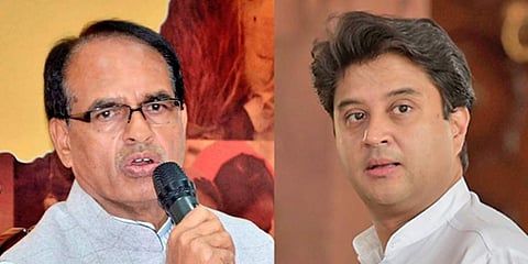 BJP leader and former Madhya Pradesh CM Shivraj Singh Chouhan on left; Congress' Jyotiradia Scindia on right. (Photos | Facebook)