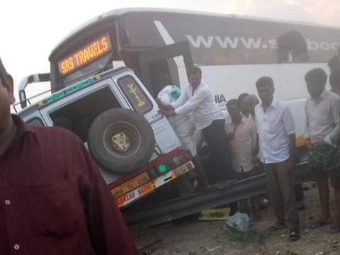 Fifteen passengers died after a bus collided with a toofan vehicle on NH 44 at Veldurthi in Kurnool district on Saturday | Express
