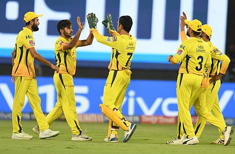 Chennai super King's Shardhul Thakur, second left, celebrates as he bowls and takes a catch to dismiss Mumbai Indian's Krunal Pandya during the VIVO IPL T20 cricket final match in Hyderabad. ( Photo | AP)