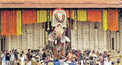 Thechikottukavu Ramachandran during the Vilambaram ritual at Sree Vadakkumnathan temple on Sunday | Albin Mathew