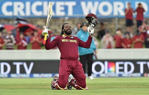Chris Gayle celebrates his double hundred against Zimbabwe. (File photo | AFP)