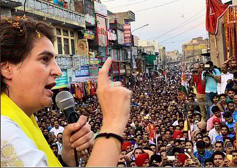 Priyanka Gandhi addressing a rally in Pathankot (Photo | Twitter/Punjab Congress)