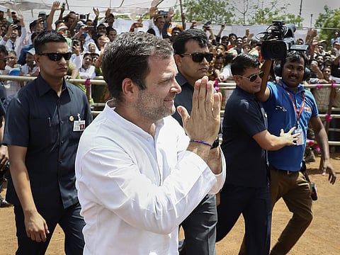 Congress President Rahul Gandhi greets his party workers and supporters during an election rally. (Photo| PTI)