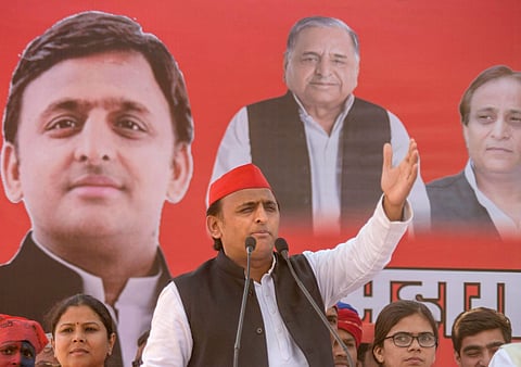 Samajwadi Party president Akhilesh Yadav addresses an election campaign rally (File Photo | PTI)