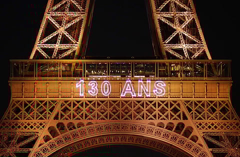 A light show illuminates the Eiffel Tower for its 130 year anniversary, in Paris, Wednesday, May 15, 2019. Paris is wishing the Eiffel Tower a happy birthday with an elaborate laser show retracing the monument's 130-year history. (Photo | AP)