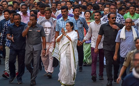 West Bengal Chief Minister and Trinamool Congress chief Mamata Banerjee in a protest rally against the clashes that broke out yesterday during BJP President Amit Shah's election roadshow for Lok Sabha polls in Kolkata Wednesday May 15 2019. | PTI