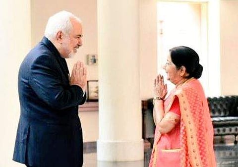 Sushma Swaraj and Iranian Foreign Minister Javad Zarif held discussions on all bilateral issues of mutual interests including Afghanistan (Photo| Twitter/ Raveesh Kumar)