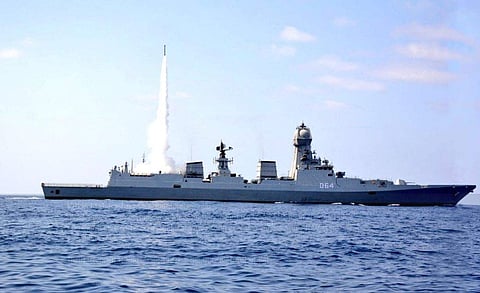 The Medium Range Surface to Air Missile is fired from a ship during its test (Photo | PIB Mumbai)