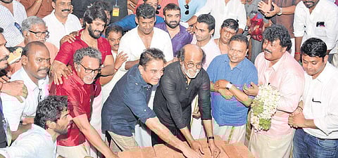 Actors Rajinikanth and Kamal Haasan lay the foundation stone for the Nadigar Sangam building in 2017 | file photo