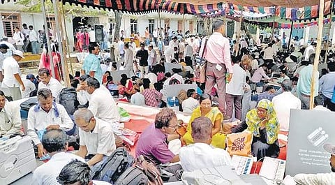 Election duty staffers get ready for the Chincholi constituency bypolls in Kalaburagi on Saturday (Photo| KPN/EPS)