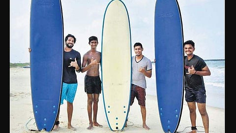 Surfers at Panambur beach (Photo| Rajesh Shetty Ballalbagh/EPS)