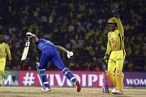 CSK skipper MS Dhoni appels after stumping Chris Morris of Delhi Captails (Photo | AP)