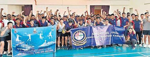 Personnel of Indian and Royal Singapore Navy participating in a sports meet in Visakhapatnam on Sunday | Express