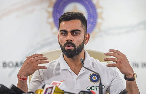Indian cricket captain Virat Kohli addressing the press in Mumbai ahead of leaving for the ICC World Cup 2019 (Photo | PTI)