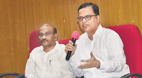 Principal Secretary (Finance) K Ramakrishna Rao speaks to media persons at the Secretariat in Hyderabad on Tuesday | VINAY MADAPU