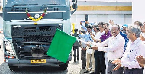 Dr. K. Sivan, Secretary, DOS & Chairman, ISRO, flagging off the shipment of India’s largest liquid hydrogen storage tank in Sri City on Wednesday | EXPRESS