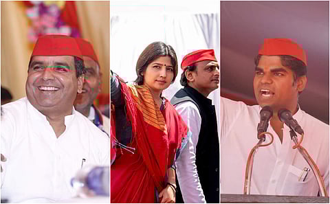 Samajwadi Party leaders Dharmendra Yadav, Dimple Yadav, and Akshay Yadav. (Photos | Facebook)
