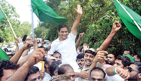 Party workers celebrating with Hibi Eden at the counting station in front of Cusat in Kochi on Thursday (Photo| A Sanesh/EPS)