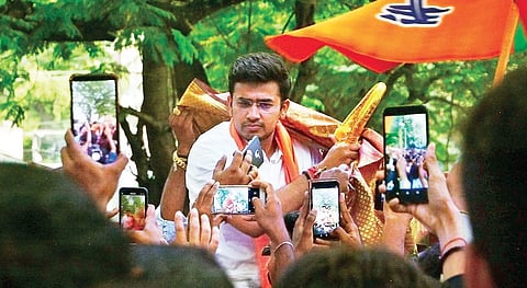 BJP’s Tejasvi Surya becomes the man of the moment after winning from Bangalore South seat. (Right) Actress Bhavana is all smiles at the BJP head office in Bengaluru on Thursday | pics: NAGARAJA GADEKAL, shriram B N