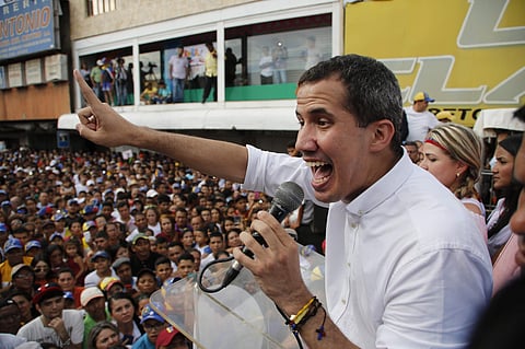 Venezuela's opposition leader and self-proclaimed interim President Juan Guaid speaks to supporters at a rally in Carora. (Photo | AP)
