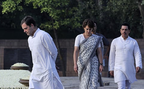 Congress Party President Rahul Gandhi, his sister and party general secretary Priyanka Gandhi Vadra, with her husband Robert Vadra, pay homage to former Indian prime minister Rajiv Gandhi on his death anniversary in New Delhi on May 21, 2019. (File | AP)