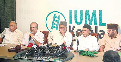 IUML national general secretary P K Kunhalikutty speaking to reporters after the IUML parliamentary board meeting in Kozhikode on Tuesday | T P Sooraj