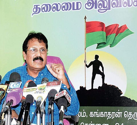 Puthiya Tamilagam leader K Krishnasamy addressing media in Chennai on Tuesday | Annapoorni supriya G