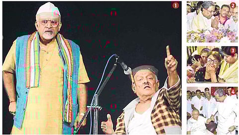 1) File picture of Master Hirannaiah and his son Babu Hirannaiah participating in a play at Chowdiah Memorial Hall in Bengaluru. 2) Former CM Siddaramiah pays his last respects to the theatre legend. 3) Inconsolable Master Hirannaiah’s family members. 4) 