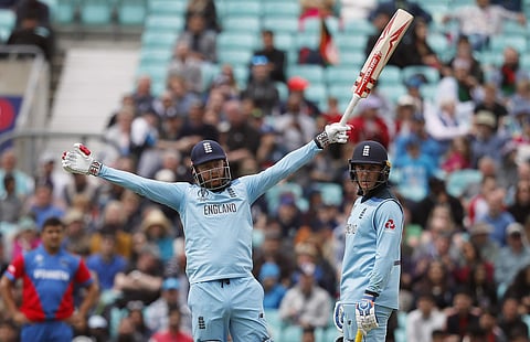 England's Jason Roy, right, and England's Jonny Bairstow celebrate during the Cricket World Cup warm up match between England and Afghanistan. (Photo | AP)
