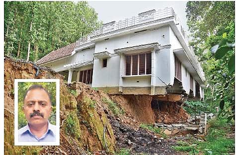 The house of Paul Varghese(Inset), a teacher at Vimalagiri near Cheruthoni, which was completely damaged in a landslide |  Albin Mathew