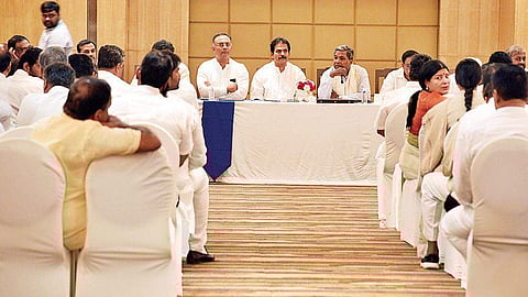 AICC general secretary K C Venugopal with other ministers at the CLP meet at  Ashoka Hotel, in Bengaluru on Wednesday | nagaraja gadekal
