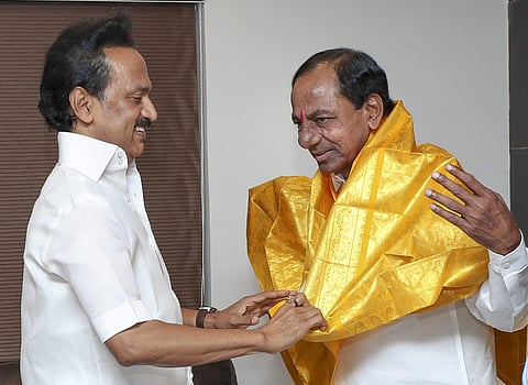 DMK Leader MK Stalin greets Telangana Chief Minister K. Chandrashekar Rao at his residence in Chennai earlier in May. (File Photo | PTI)