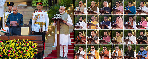 President Ram Nath Kovind administering oath of office and secrecy to Prime Minister Narendra Modi and his Cabinet ministers during the swearing-in ceremony at the forecourt of Rashtrapati Bhawan in New Delhi Thursday May 30 2019. (Photo | PTI)