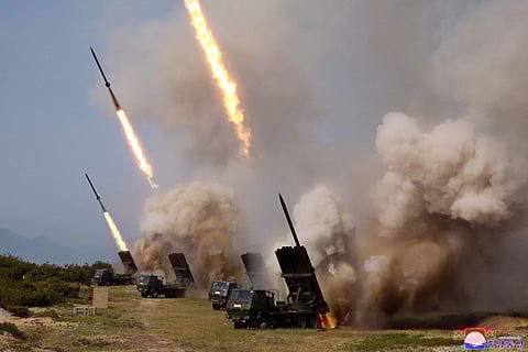 This Saturday, May 4, 2019, photo provided on Sunday, May 5, 2019, by the North Korean government shows tests of weapons systems. (Photo | AP)