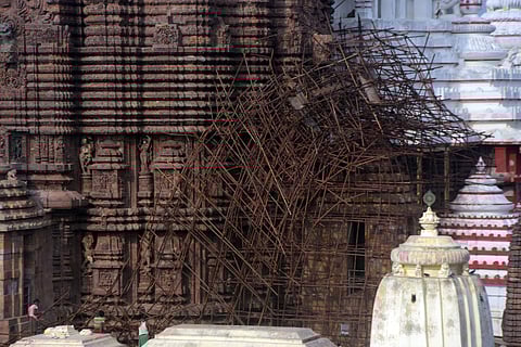 Damaged scaffoldings on the southern side of Shri Jagannath temple, Puri (Photo | Biswanath Swain/EPS)