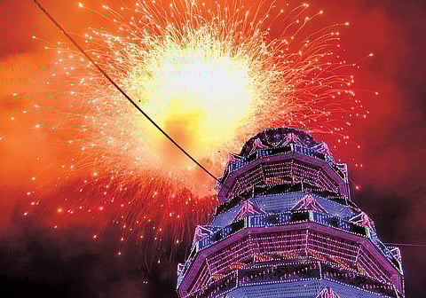A fireworks display of the Thrissur Pooram held at the Thekkinkad Maidan. 