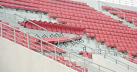 Damaged gallery of Hockey stadium at Kalinga Stadium on Sunday | express